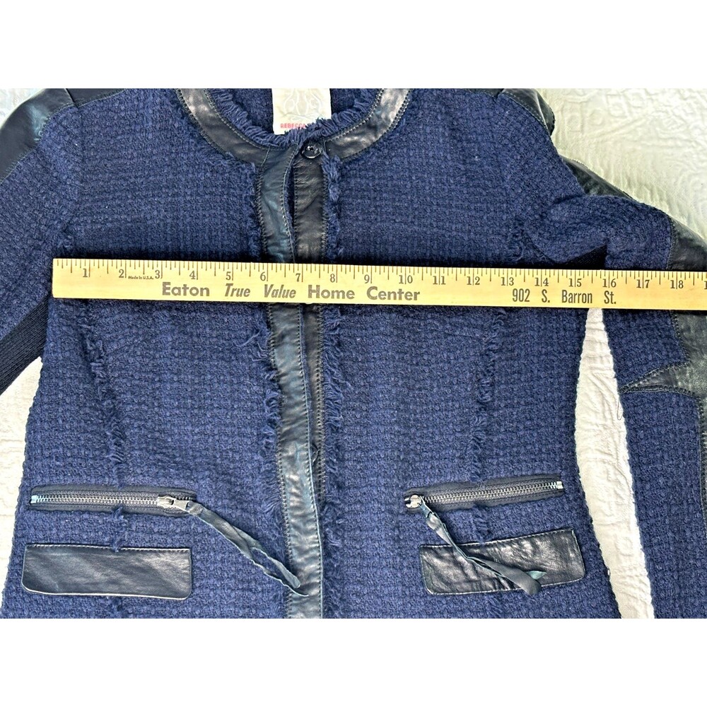 REBECCA TAYLOR Boucle Fringe Blazer SIZE 4 Navy Blue Black Leather Trim Coat EUC - Picture 14 of 16